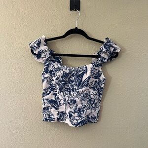 NWT Ambercrombie & Fitch Blue and White Puff Sleeve Crop Top